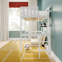 White loft bed with ladder in a bright kids' bedroom featuring teal walls, large window with curtains, yellow geometric rug, soccer ball, and cozy seating.