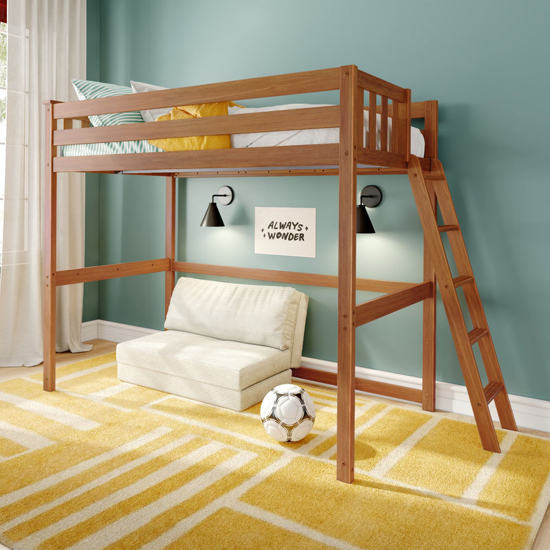 Wooden loft bunk bed with ladder in children's bedroom, teal painted wall, yellow geometric rug, striped pillows and soccer ball