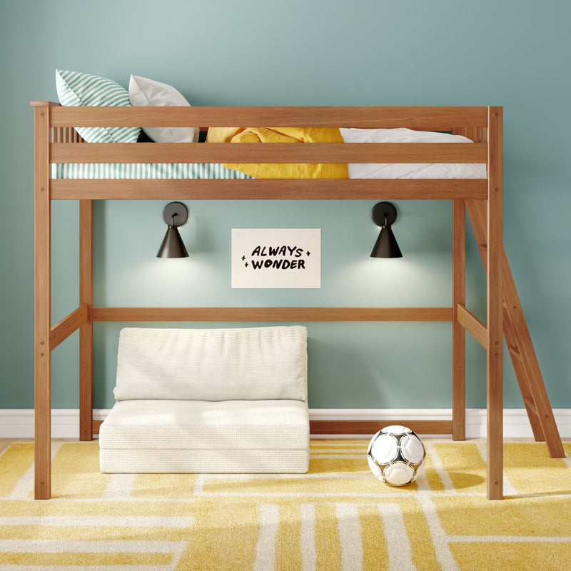 Wooden loft bunk bed in kids' room with teal wall, striped pillow, yellow blanket, wall sconces and soccer ball on yellow rug