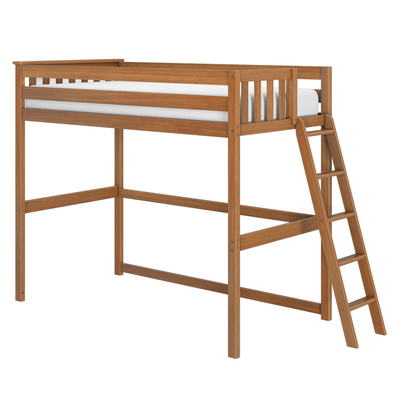 Solid wood twin loft bed with angled ladder and white mattress, space-saving elevated bed for kids and teens in natural wood finish