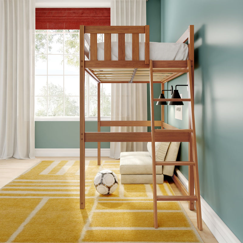 Wooden loft bunk bed with ladder in kids' bedroom, teal walls, yellow striped rug, soccer ball and large window with white curtains