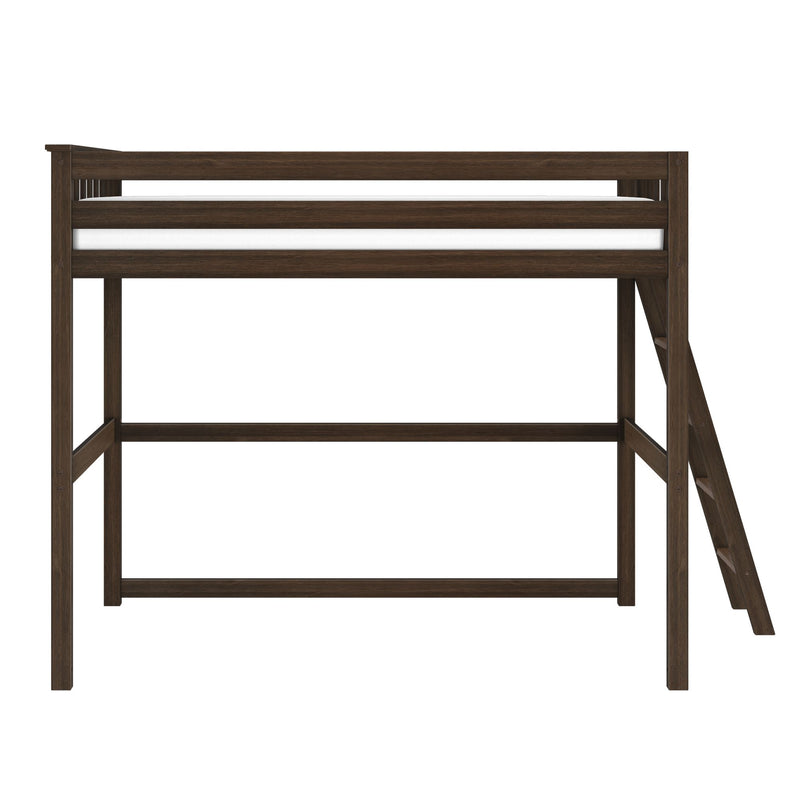 Dark brown wooden loft bed frame with ladder and slatted guardrail, space-saving elevated platform bed for kids and teens