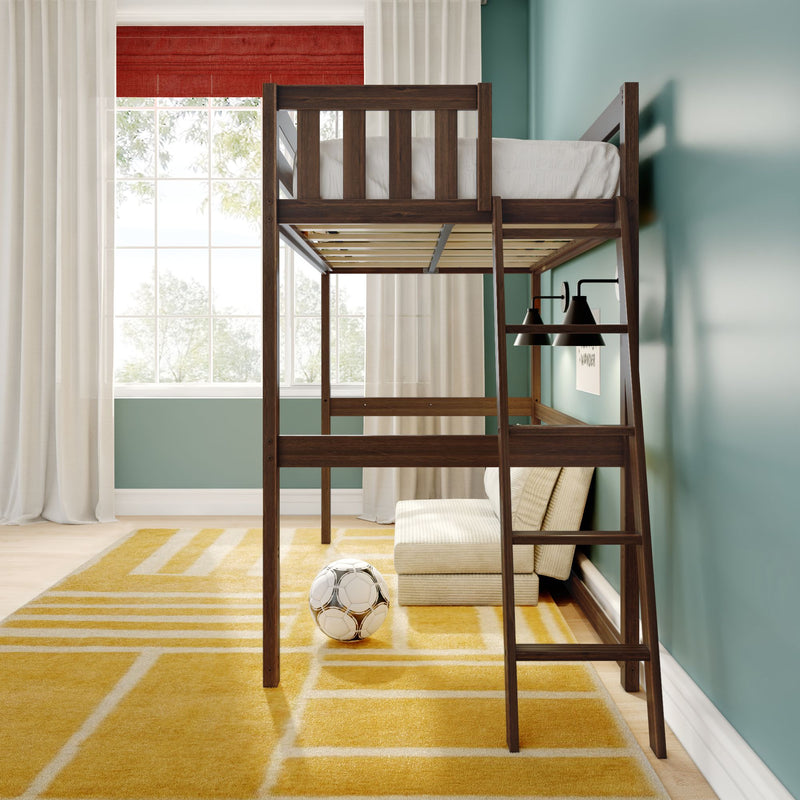 Wooden loft bunk bed with ladder in a bright children's bedroom featuring teal walls, large window with sheer curtains, yellow striped rug, soccer ball and wall-mounted reading lamps