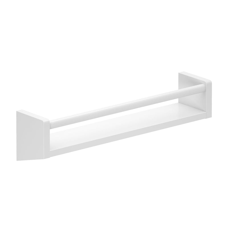 Modern white wall shelf with minimalist design featuring a built-in towel bar.
