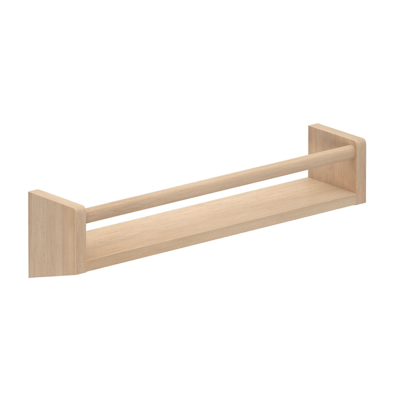 Wooden wall-mounted rack with a minimalist design featuring a top rail and lower shelf for versatile storage.