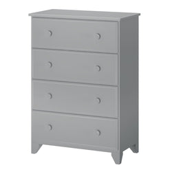Gray 4-drawer chest of drawers, minimalist design, bedroom furniture storage.