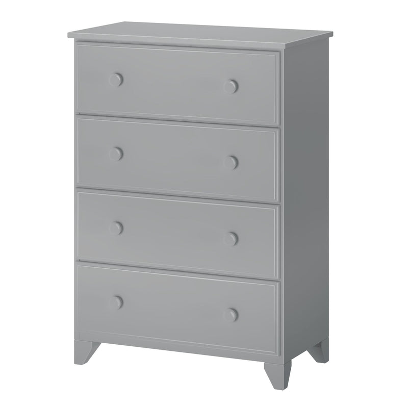 Gray 4-drawer chest of drawers, minimalist design, bedroom furniture storage.
