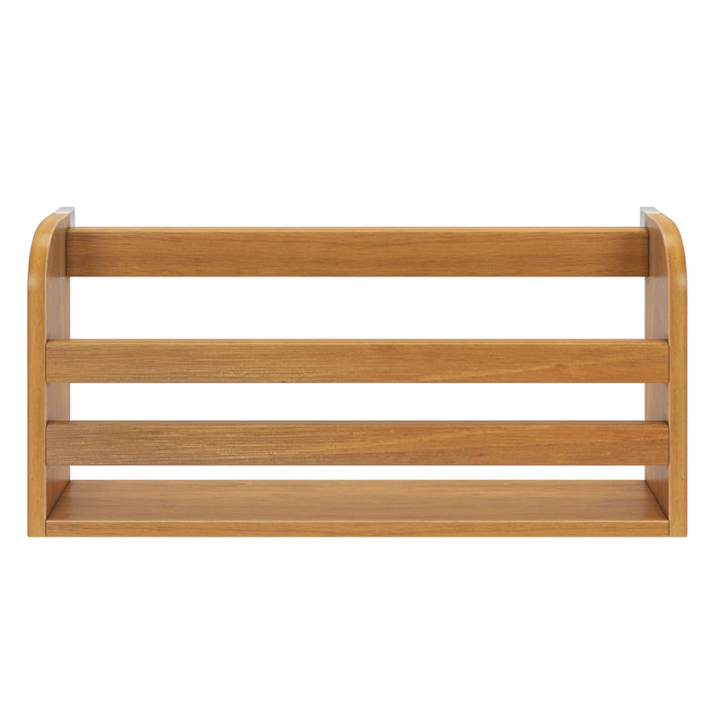 Oak-finish wall-mounted wooden shelf with three horizontal slats and open storage, minimalist three-tier organizer for bathroom or kitchen