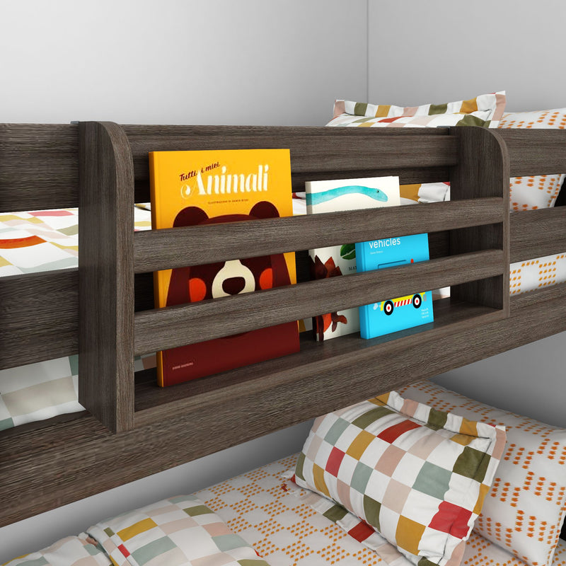 Dark wood children's bunk bed with built-in bookshelf holding colorful kids' books and patterned pillows, perfect kids' bedroom storage and reading nook