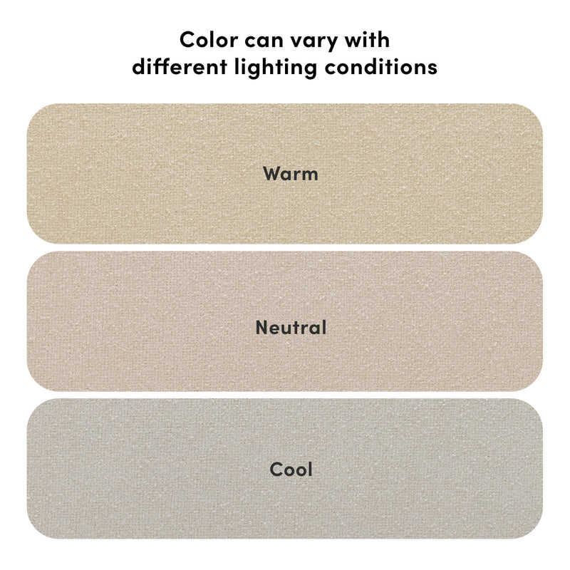 Beige carpet swatches showing warm, neutral, and cool tones with text noting "Color can vary with different lighting conditions" to illustrate how lighting affects carpet color.