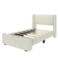 Modern beige upholstered bed frame with wooden slats and headboard.