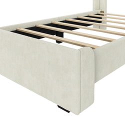 Elegant beige upholstered bed frame with wooden slats, perfect for modern bedroom decor.