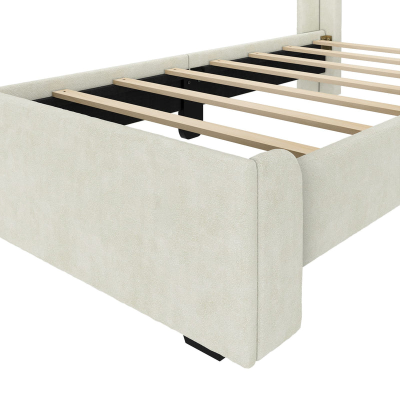 Beige upholstered platform bed frame with evenly spaced wooden slats, black center support leg and textured linen fabric