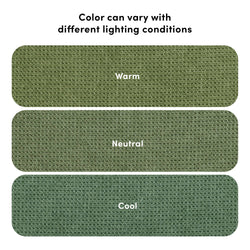 Color variations of green fabric under different lighting: warm, neutral, cool.