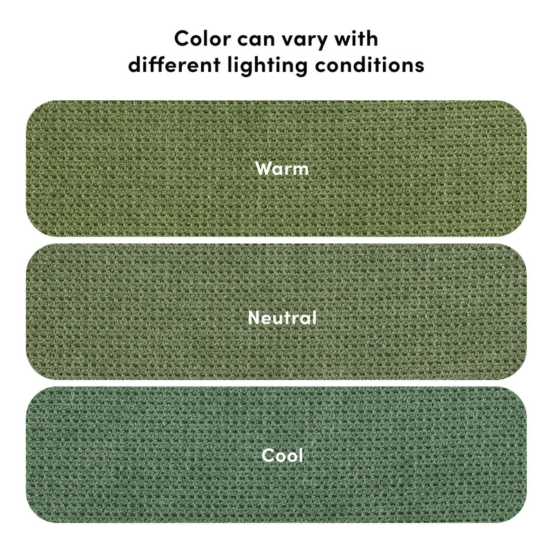 Green woven upholstery fabric swatches labeled Warm, Neutral, and Cool showing how fabric color can vary under different lighting conditions