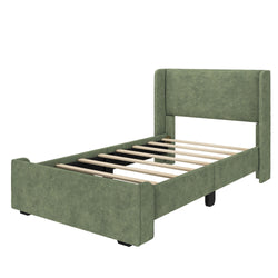 Green upholstered bed frame with wooden slats, modern bedroom furniture design.