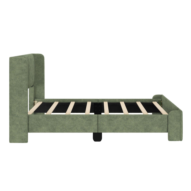 Green fabric platform bed frame with wooden slats for modern bedroom decor.