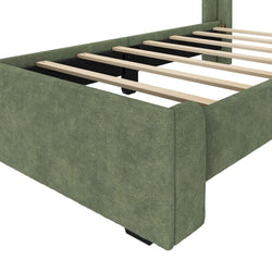Green upholstered bed frame with wooden slats and modern design.