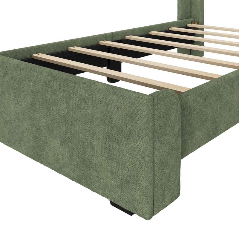 Green textured fabric upholstered platform bed frame with wooden slats, center support leg, and mattress foundation