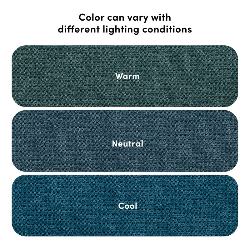Carpet color swatches of teal-blue fabric texture labeled Warm, Neutral, Cool with header "Color can vary with different lighting conditions