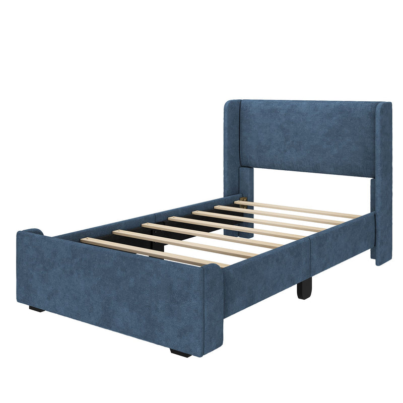 Blue upholstered bed frame with padded headboard and wooden slat support, modern fabric platform bed
