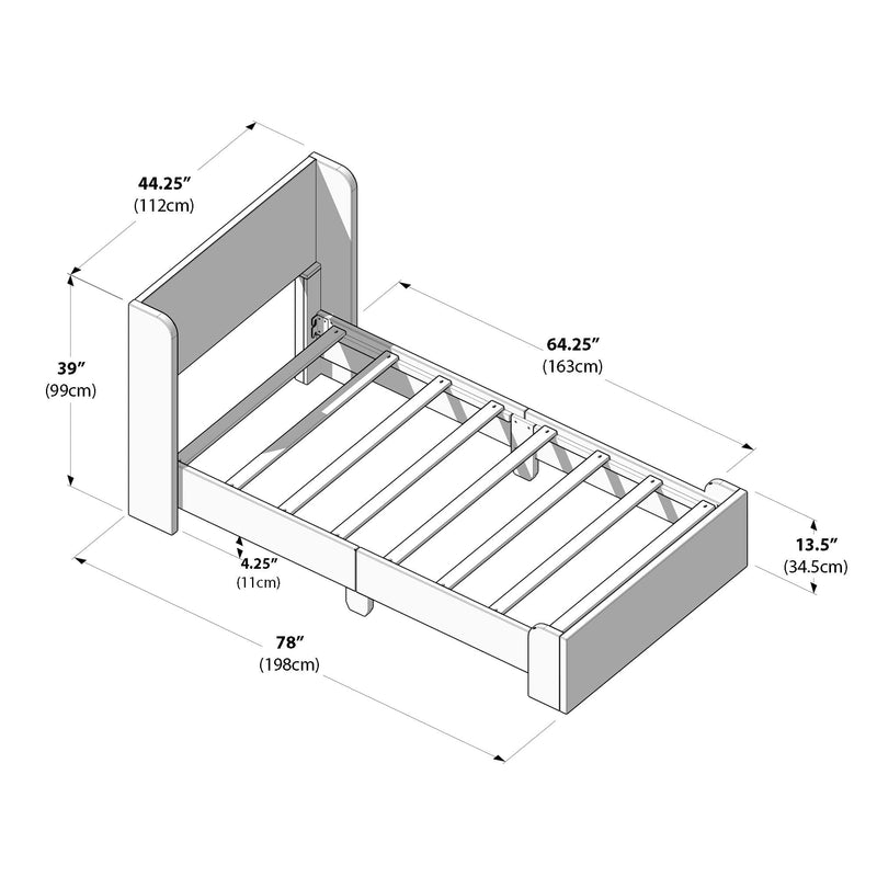 Illustration of a bed frame with dimensions in inches and centimeters, featuring headboard, slats, and footboard, perfect for optimizing bedroom space.