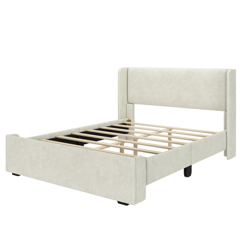Beige upholstered platform bed frame with tall padded headboard and wooden slat mattress support