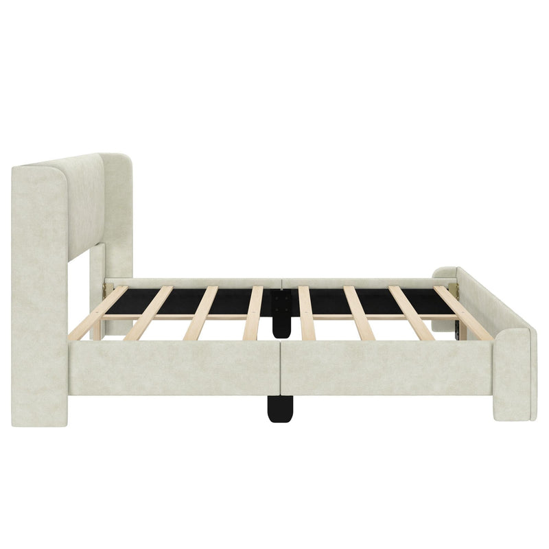 Cream upholstered platform bed frame with wooden slats and rounded high headboard, modern minimalist design shown without mattress
