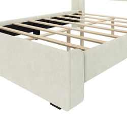 Modern upholstered bed frame with wooden slats and beige fabric design.