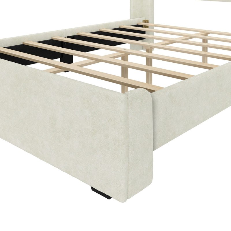 Cream upholstered platform bed frame with exposed wooden slats and central support legs for mattress