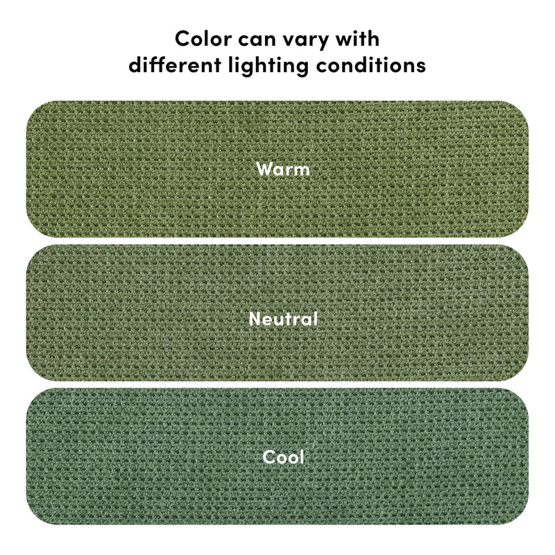 Textured green upholstery fabric swatches labeled "Warm," "Neutral," and "Cool," demonstrating how fabric color can vary under different lighting conditions