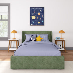 Modern children's bedroom with a solar system poster, green bed, and playful decor including a rocket and star pillow.