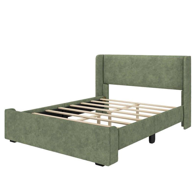 Modern green upholstered platform bed frame with wooden slats and tall padded headboard, angled front-corner view