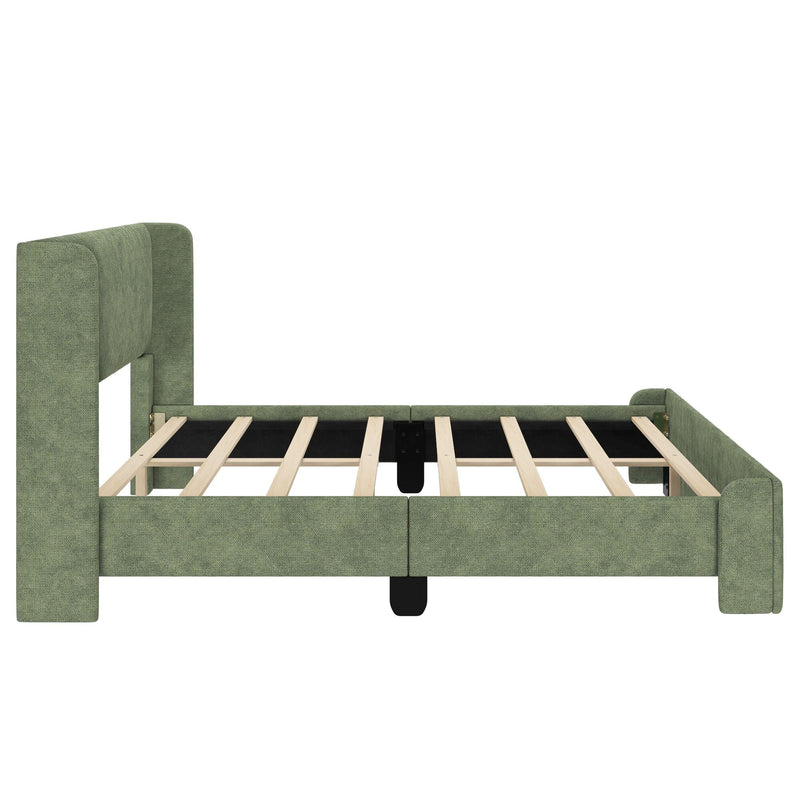 Green upholstered platform bed frame with rounded headboard and footboard, exposed wooden slats and center support, modern bedroom furniture