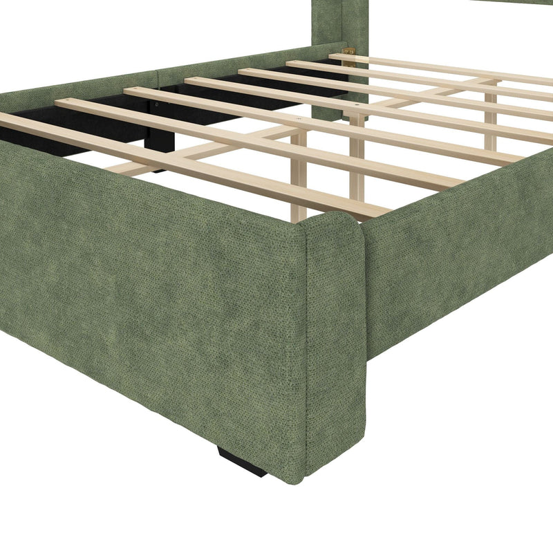 Green fabric-upholstered platform bed frame with exposed wooden slats and central support legs, modern low-profile design
