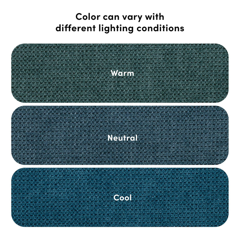 Three textured teal carpet color swatches labeled "Warm," "Neutral," and "Cool" beneath the heading "Color can vary with different lighting conditions," illustrating how carpet color shifts under different lighting.