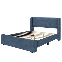 Blue upholstered bed frame with wooden slats and cushioned headboard, perfect for modern bedroom decor.