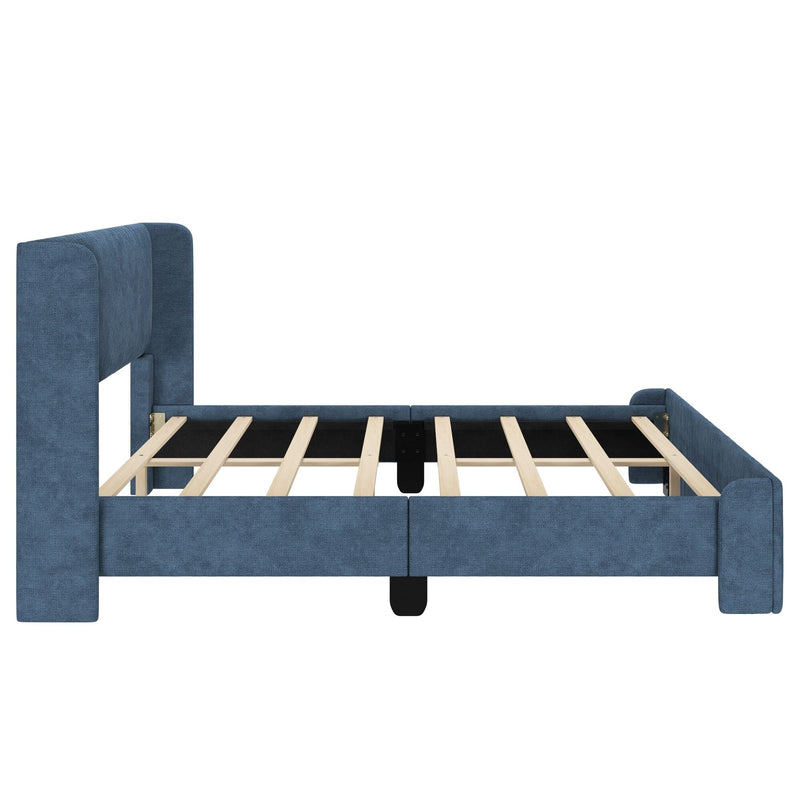 Blue upholstered platform bed frame with tall padded headboard, wooden slats and center support — modern fabric bed frame close-up