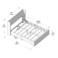 Illustration showing wooden bed frame dimensions with measurements in inches and centimeters.