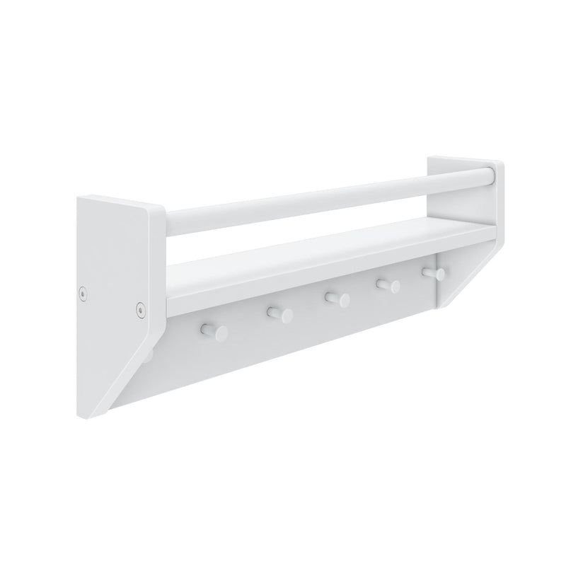 White wall-mounted shelf with hanging pegs and a top rail for storage and organization.