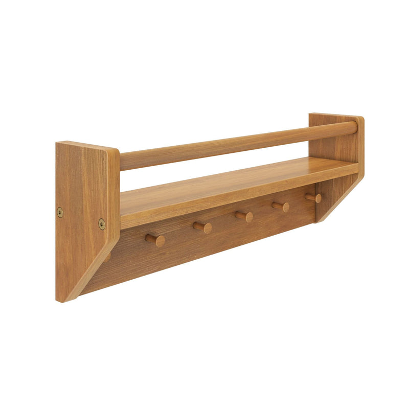 Wooden wall-mounted coat rack with shelf and five hooks for home organization.