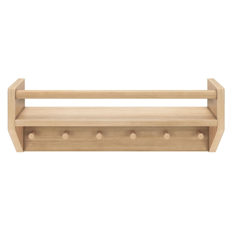 Wooden wall-mounted shelf with five pegs for hanging items, ideal for organizing home spaces.