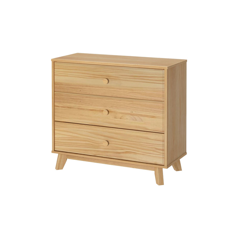 Natural pine three-drawer dresser with round wooden knobs and tapered legs, mid-century modern bedroom storage chest