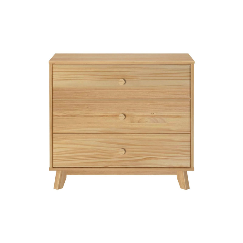 Light natural pine wood three-drawer dresser chest with round wooden knobs and angled legs, mid-century modern bedroom storage on white background