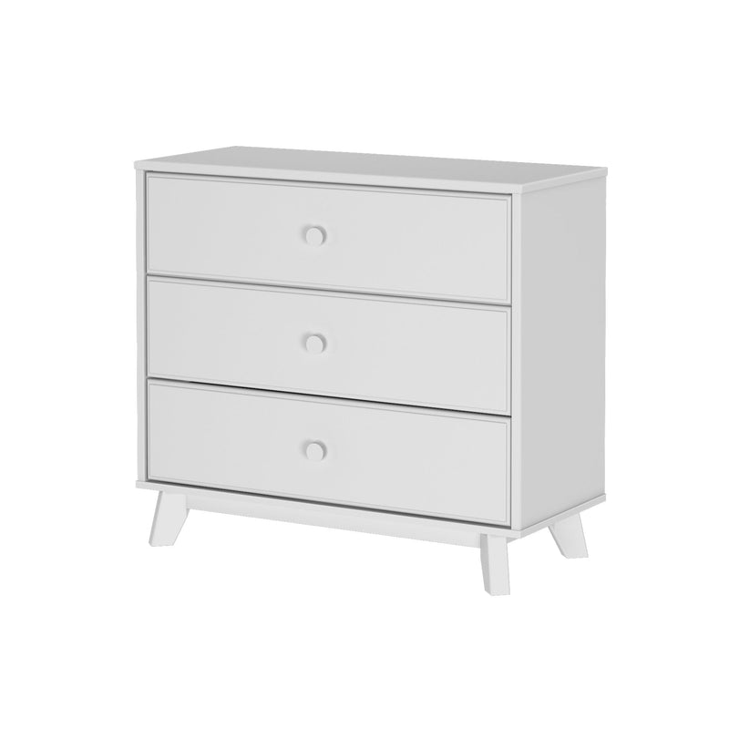 White mid-century modern 3-drawer wooden dresser with round knobs and splayed legs, white bedroom storage chest