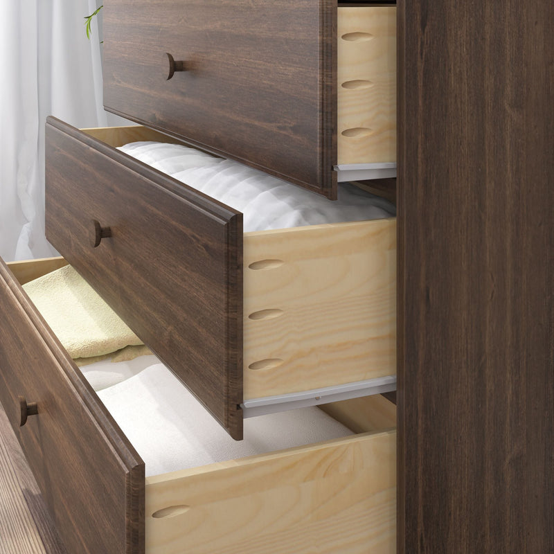 Dark walnut bedroom dresser with open drawers showing folded linens, light plywood dovetail drawer boxes and metal slides — modern rustic bedroom storage furniture