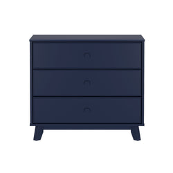 Blue three-drawer modern dresser with mid-century style design.