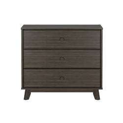 Dark brown wooden dresser with three drawers and modern design.