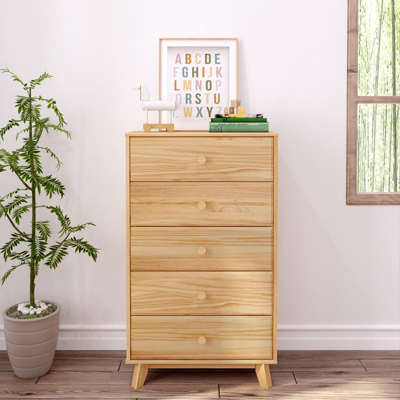 Light wood five-drawer dresser with mid-century legs, minimalist nursery décor featuring alphabet print, books and potted plant