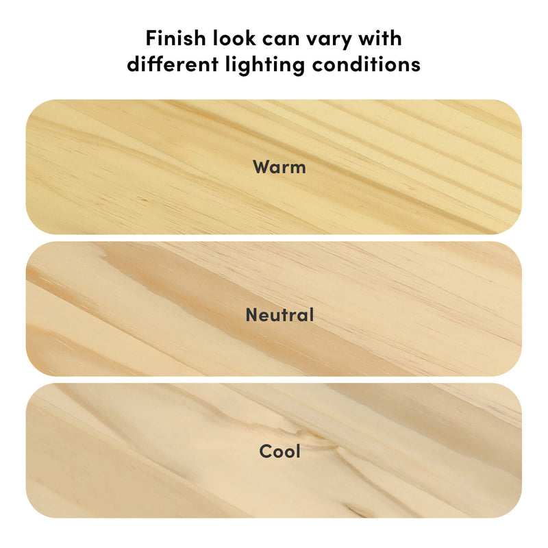 Wood finish variations under different lighting: warm, neutral and cool wood grain tones.